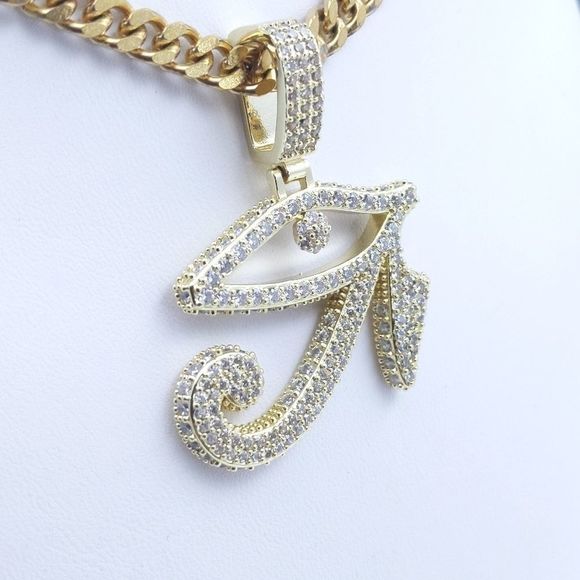 18" Cuban Chain & Gold Finish Eye of Horos Pendant - Picture 4 of 11